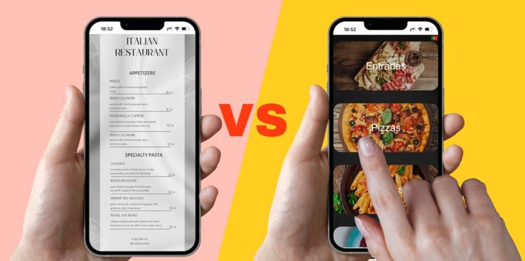 Imagem com dos menus, um menu digitalizado VS um menu digital